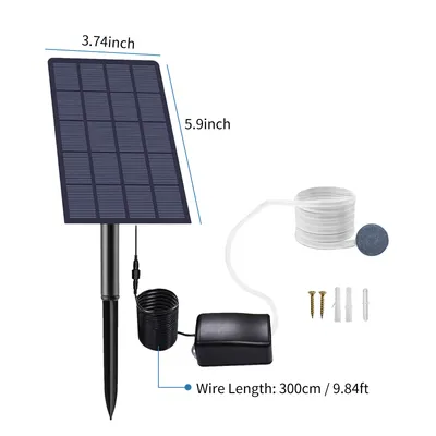 A solar-powered oxygen pump kit for aquariums or ponds, including a solar panel, pump, tubing, and air stone.
