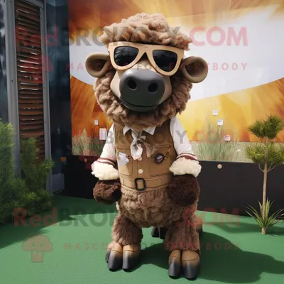 Produktbild von Braunes REDBROKOLY Merino-Schaf Maskottchen Kostüm gekleidet in einen Rock und eine Sonnenbrille