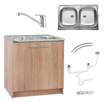 Zdjęcie produktu dla Szafka Kuchenna Dąb Sonoma 80 cm Zlew 2 Komory Bateria Obrotowa Chrom Syfon