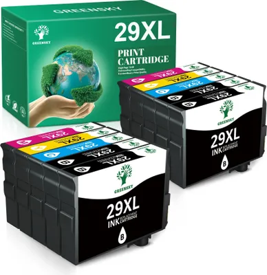 A box of Greensky 29XL print cartridges with several cartridges in front of it.