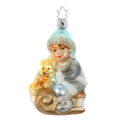 Produktbild von Teddys Schlittenfahrt 10 cm - Inge-Glas 10087S020 Draußen im Schnee - Christbaumschmuck Glas mundgeblasen Deko Baumschmu