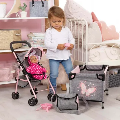 Produktbild von Bayer Design 21533AB Puppenbuggy Set mit Bett, Spielbogen, Tasche, Zubehör, grau, rosa