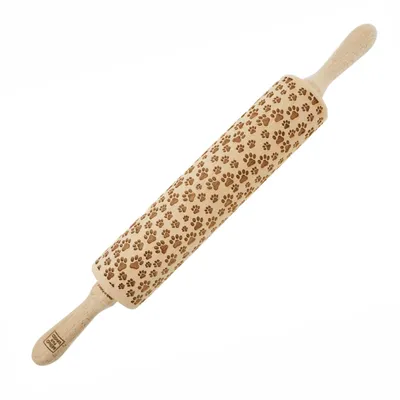 Produktbild von MoodForWood Nudelholz aus Holz, graviert, 43 cm, mit Griffen, perfekt zum Backen - Pfotenmuster