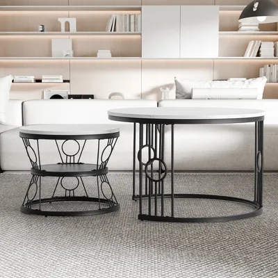 Produktbild von MODFU 2er Set Couchtische rund Schwarz,Wohnzimmertisch mit Satztisch,Beistelltisch mit Metallrahmen und MDF-Desktop,Sofatisch für Wohnzimmer