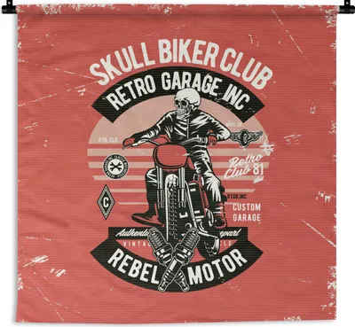 Produktbild von MuchoWow® Wandteppich Wandbehang Motorrad - Skelett - Retro 150x150 cm Tapisserie Dekoration Wandtuch - Wohnaccessoires - Modernes