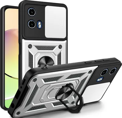 Produktbild von Outdoor Panzer Hülle Motorola Moto G34 Handyhülle mit Kameraschutz Ringhalter in Silber