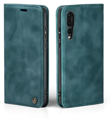 A teal flip case for a smartphone is shown from two angles, front and side.
