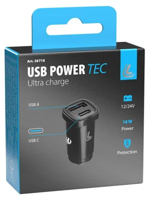 Image de Usb Power Tec, chargeur 2 ports USB - Ultra Fast Charge - 18W - 12/24V