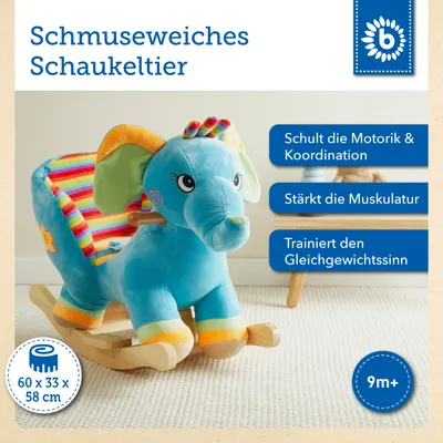 Produktbild von Bieco Plüsch Schaukeltier Elefant | Kinder Schaukelstuhl mit Sicherheitsgurt | Baby Schaukel | Schaukel Kleinkind | Schaukeltier Baby Zimmer | Baby Schaukelwippe ab 9 Monate | Schaukelpferd Holz