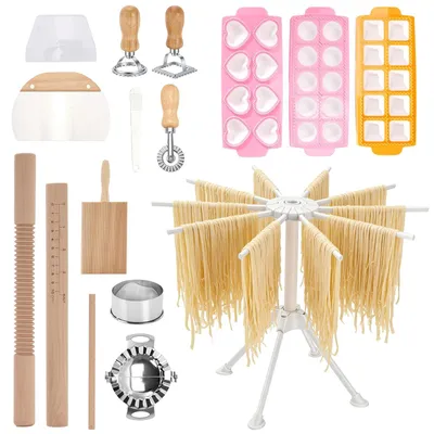 Produktbild von Pastaherstellungs-Set - Set 13-teilig - Pastatrockner - Gnocchi-Brett - Teigschaber - Nudelholz - Mehrfarbig