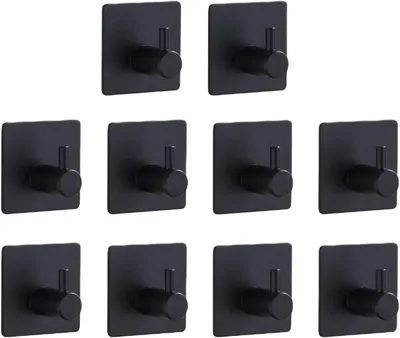 Produktbild von TECBULL® 10 massive Edelstahl Klebehaken - Schwarz, Handtuchhaken fürs Bad selbstklebend, Handtuchhalter ohne Bohren, Hochwertige Wandhaken rostfrei