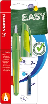 Obrázek produktu pro Školní plnicí pero s levotočivým hrotem L - STABILO EASYbuddy v limetkové/zelené barvě - barva psaní modrá (smazatelná) - jedno pero - náplň součástí balení