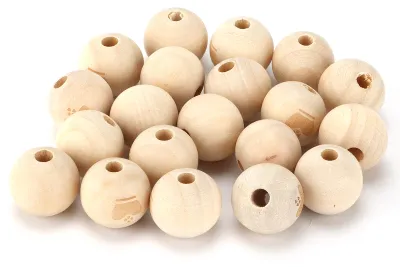 Image de 20 perles en bois, rondes, couleur bois, joli motif, en vrac avec trou pour bricolage, décoration graffiti, cadeau