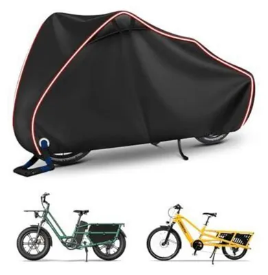 Immagine prodotto di Copertura impermeabile per bicicletta, specifica per cargo bike a telaio lungo, realizzata in tessuto Oxford 420D, resistente al vento e dotata di elementi riflettenti, occhielli per lucchetto e sacchetti laterali. Dimensioni: 210x75x125 cm