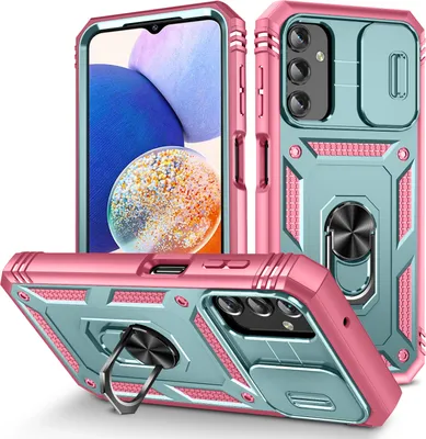 Produktbild von Galaxy A14 5G Hülle, Schiebe Kamera Schutz Stoßfest Schutzhülle mit Ringhalterung Ständer für Samsung Galaxy A14 5G Türkis