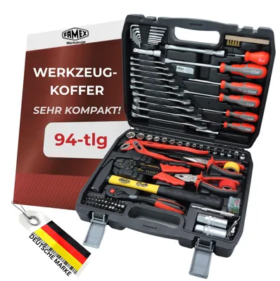 Produktbild von FAMEX 144-50 Kompakter Werkzeugkoffer bestückt mit Werkzeug Set für Auto, Camper, CV-Stahl, Idealer Bordkoffer