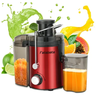 A red juicer is shown with splashes of juice and whole fruits around it.