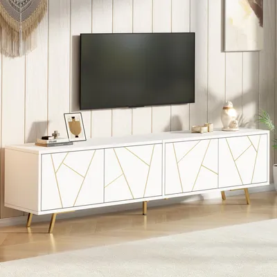 Image de Meuble TV de 190 cm avec 4 portes et 6 pieds métalliques – Meuble bas blanc et or, pour téléviseurs jusqu'à 85 pouces, meuble multimédia pour salon, 190 x 40 x 51,5 cm