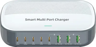 Obrázek produktu pro 200W nabíječka USB s 8 porty, 3×USB-A + 5×USB-C, rychlonabíjecí stanice PD3.0 QC3.0 FCP AFC, stolní nabíječka s konektorem EU, kompatibilní se smartphony