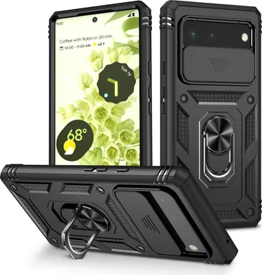 Produktbild von Google Pixel 6 Hülle, Schiebe Kamera Schutz Robust Stoßfest Schutzhülle mit Ringhalterung Ständer Kartenhalter für Google Pixel 6 Schwarz