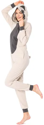Produktbild von Ladeheid Damen Schlafoverall Tierkostüm aus Baumwolle Jumpsuit bunt Tiermotiv Verkleidung Schlafanzug Einteiler mit Kapuze LA40-234 (Beige Mops, S)
