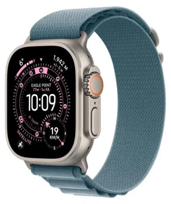 A close-up, angled view of an Apple Watch Ultra with a blue Alpine Loop band, displaying its screen with various metrics.