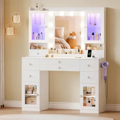 Produktbild von Dripex Schminktisch mit 10 LED-Lichtkugeln und Steckdosen, Schminktisch mit Spiegel und 2 n transparenten Vitrinen mit RGB, weiß