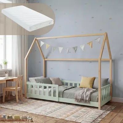 Produktbild von Hausbett ‘Hesel’ für Kinder mit Matratze und Rausfallschutz 90 x 200 cm Kiefernholz Mintgrün/Natur