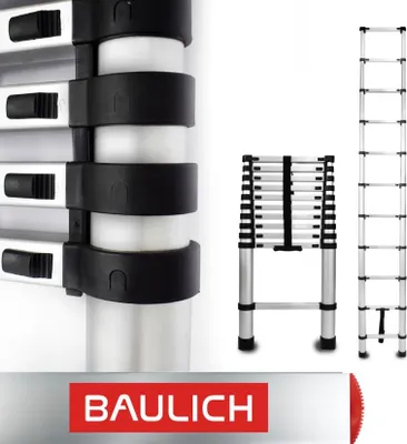 Obrázek produktu pro Baulich | Teleskopický žebřík 3,2 m – 11 příček – hliník – výškově nastavitelný – s odrazkami
