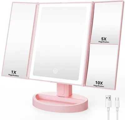 Immagine prodotto di Specchio cosmetico con luce, ingrandimento 10x, rosa, intensità regolabile, ricaricabile tramite USB