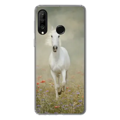 Produktbild von MuchoWow® Handyhülle Schutzhülle Hülle für Huawei P30 Lite Pferd - Stoff - Blumen Silikon Softcase Handy Hülle - Handyhülle
