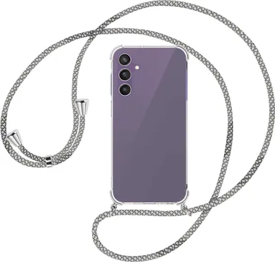 Produktbild von Handykette Backcover-Schutzhülle mit Band (Metall silberfarben) für Samsung Galaxy A25 5G - weiß/grau kariert
