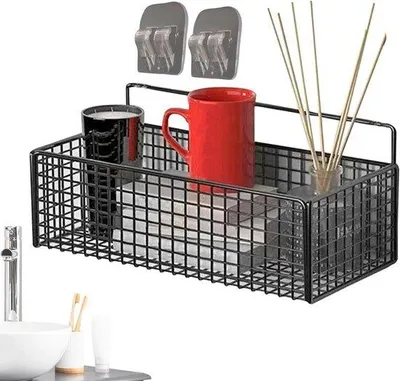 Productafbeelding van Draadmand Opbergrek - Hangende Mand Badkamer - Ruimte Organiseren - Zelfklevende Bevestiging - 108 x 135 x 108 cm - Zwart
