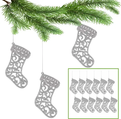 Produktbild von Silberne Weihnachtsbaumsocken, Weihnachtsbaumschmuck 10cm, 12 Stück