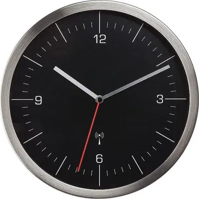 Obrázek produktu pro Unyqoos® Funkční nástěnná hodiny 60.3544.01 – analogové hodiny s rádiovým synchronizací, tichý mechanismus, sklo/nerezová ocel, černá/stříbrná, průměr 245 × 41 mm, exkluzivně v Amazonu