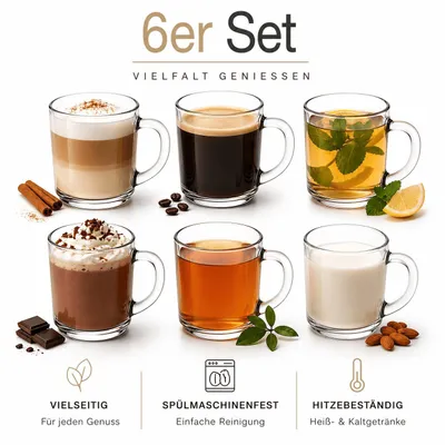 Produktbild von Teegläser 6 Set Kaffeegläser Teetassen Kaffee Tee Gläser Trinkgläser mit Henkel