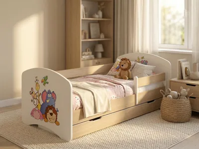 Immagine prodotto di Lettino 140x70 cm "Happy" con contenitore | Lettino per bambini con spondina di sicurezza | Finitura "Pera chiara" per la cameretta