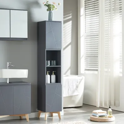 A modern bathroom setting with a tall gray cabinet, a sink, and a bathtub visible in the background.