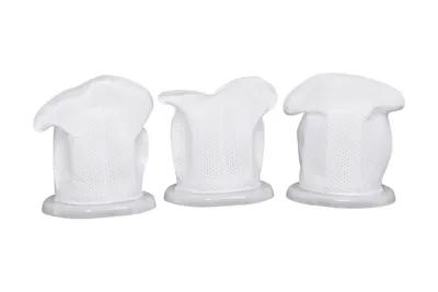 Three white vacuum cleaner filters are arranged in a row against a white background.