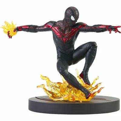A Miles Morales Spider-Man action figure posed dynamically on a base with flame effects.