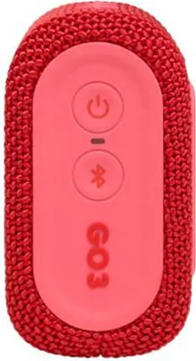 A close-up product shot of a red and pink JBL GO 3 portable speaker.