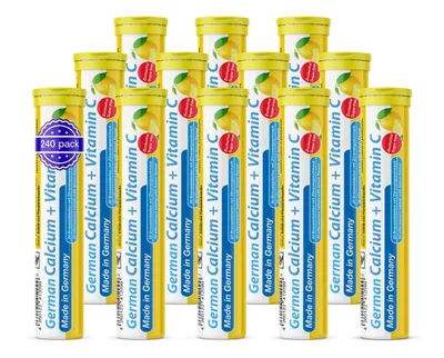 Produktbild von German Calcium + Vitamin C Brausetabletten 12x20 Stk. Zitronengeschmack - 300 mg Kalzium, 75 mg Vitamin C Zuckerfrei - T&D Pharma – Germany