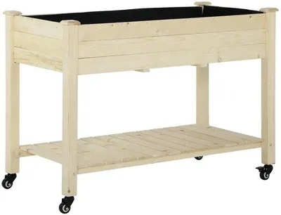 Image de Bac de culture sur roulettes, 118 x 55 x 83 cm, en pin, avec 4 trous de drainage