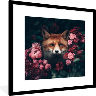 Produktbild von MuchoWow® Gerahmtes Poster Fuchs - Blumen - Tiere 40x40 cm - Poster mit Schwarzem Bilderrahmen Wandposter Rahmen Foto Bilder - Poster - Plakat im Rahmen