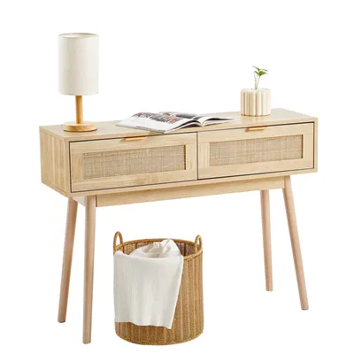 Image de VEVOR Table console en rotin avec 2 tiroirs, table d'entrée en rotin avec porte coulissante en rotin naturel, table basse console pour le salon, le bureau, l'entrée ou le mur de télévision, naturel