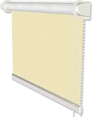 A roller blind is shown hanging from a white roller mechanism.