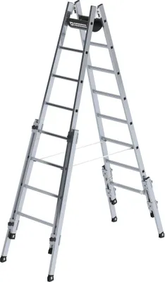 A silver aluminum multi-purpose ladder is shown against a white background.