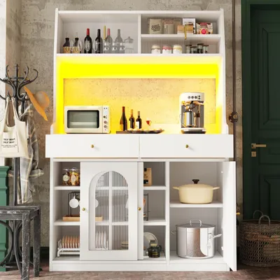 Image de Armoire de cuisine haute avec éclairage LED et porte en verre, meuble de rangement, vitrine, buffet, blanc, 120x40x180 cm