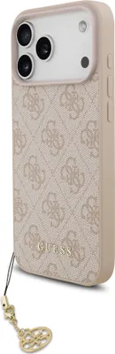 A pink and beige Guess phone case with a gold charm.