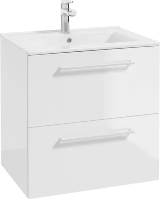 Produktbild von Bad Waschtisch in weiß Hochglanz lackiert mit Metallgriffen in weiß, 2 Schubladen und Keramikwaschbecken MESSINA-107, B/H/T ca. 60/62/46 cm